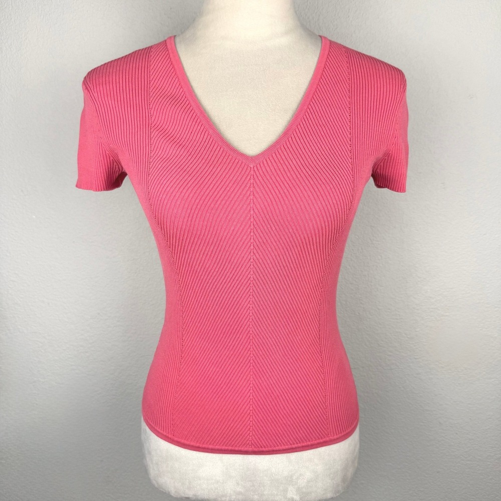 Ann Taylor Silk Blend Ribbed V-Neck Knit Top Coral Pink Short Sleeve Sz Small